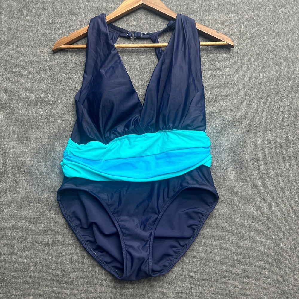 Venus Womens One Piece Swimsuit Size 10 Bathing Ruched Blue Two Tone Color Block